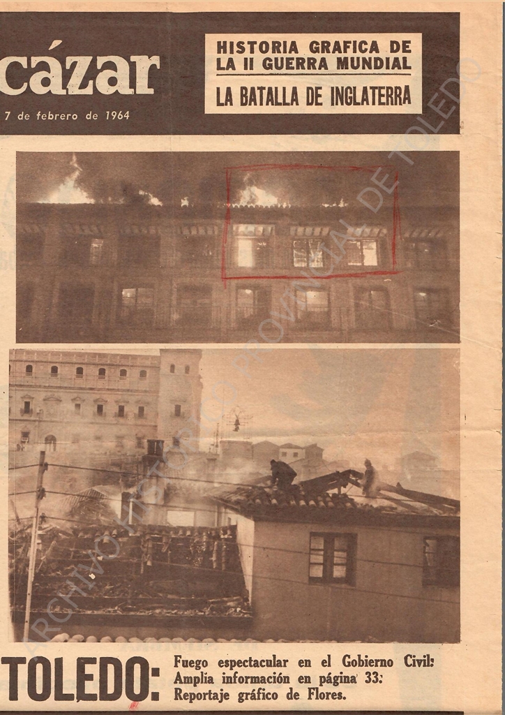 Reproducción parcial de la portada del periódico "El Alcázar" con fotografías del incendio del Gobierno Civil de Toledo.