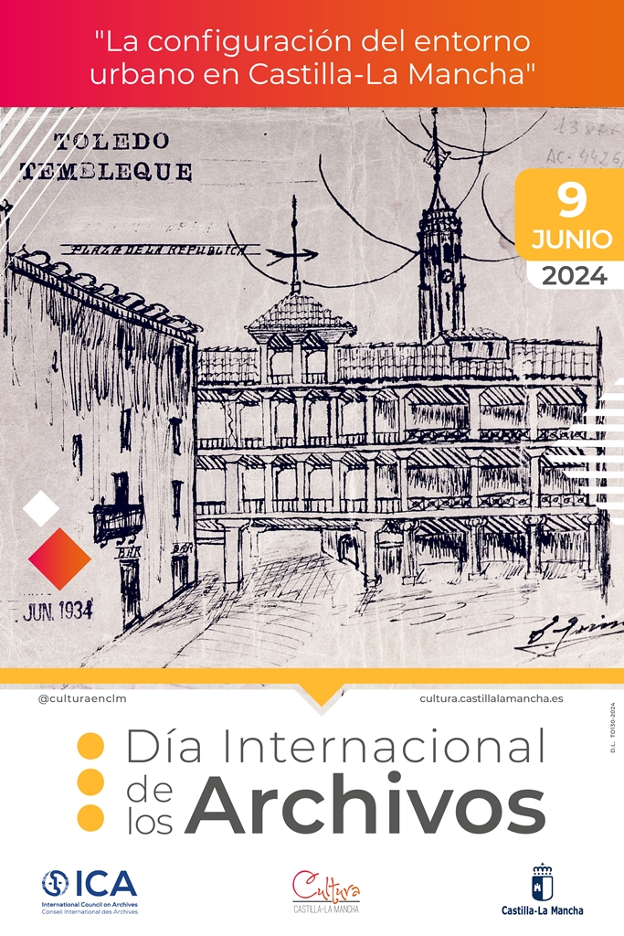 Cartel. "9 junio 2024. Día Internacional de los Archivos", con un dibujo de la plaza mayor de Tembleque y la inscripción "Toledo. Tembleque. Plaza de la República. Jun 1934"